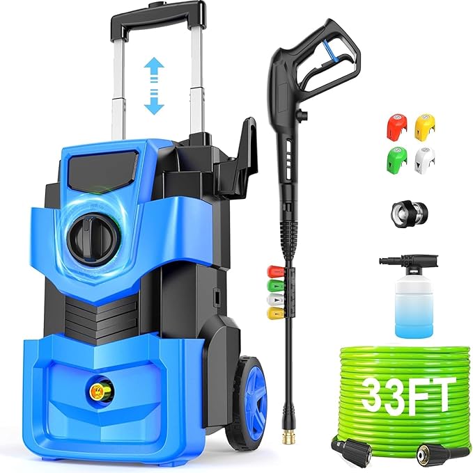 Pressure Washer 5000 PSI Adjustable Pressure, Power Washer Powered with 33ft Pressure Hose, 4 Nozzles and 500ml Foam Cannon, Powerwashers for Home, Light Blue