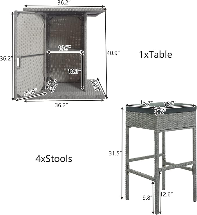 5-Piece Outdoor Patio Rattan Dining Set, PE Wicker Square Kitchen Counter Height Table Set with Storage Shelf and 4 Padded Stools