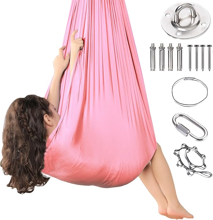 Kids Sensory Therapy Swing Hammock Children's Swing Hammock Indoor Elastic Cuddle Pod Swing for Autism Boys Girls with ADHD SPD Asperger's Sensory Integration Special Needs (Pink)