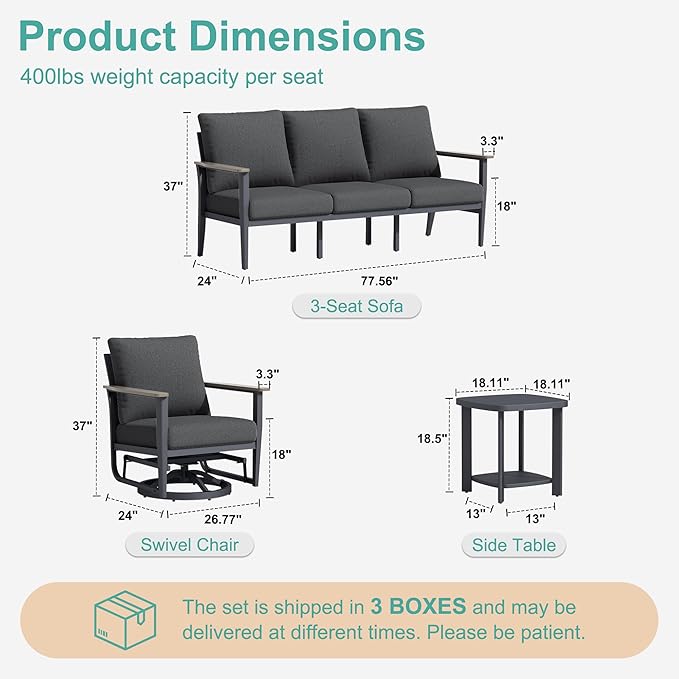 7-Seat Outdoor Patio Furniture Set with Rocking Swivel Chair, Aluminum Sectional Sofa Set with Ottomans, Patio Conversation Set with High Backrest & Thickened Cushions, Dark Grey