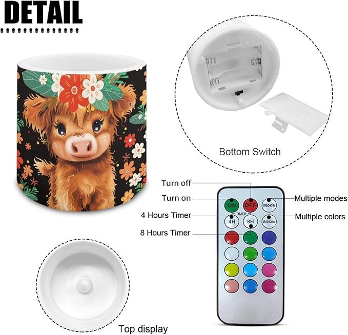 3 inch Flickering Color Changing LED Candles Set of 4 Floral Cute Highland Cow Print Flameless Eletric Pillar Candles with Remote Timer Control Home Decor