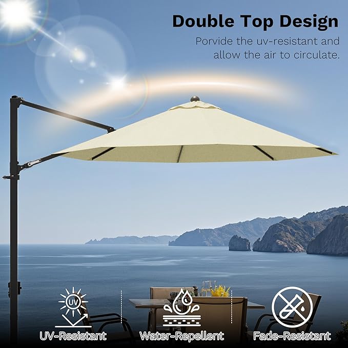 Devoko 10ft Cantilever Patio Umbrella, Round Large Outdoor Umbrella with 360-Degree Rotation, Hanging Offset Market Sun Umbrella, Easy Tilt and Heavy-Duty Frame, for Patio Backyard Garden, Beige