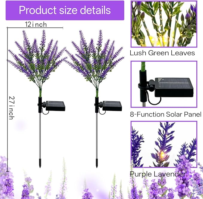 Solar Lavender Flowers Lights, 2 Pack Warm White Outdoor Waterproof Artificial Flower Garden Décor for Yard Pathway Patio Lawn, Mothers Day Gift, Fathers Day Halloween Gifts(56-Light LED)