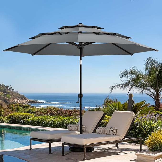 wikiwiki 9ft 3-Tier Patio Umbrella Outdoor Table Market Umbrella for Patio with Push Button Tilt/Crank, Fade Resistant Waterproof POLYESTER Canopy for Garden, Lawn, Deck, Backyard & Pool, Dark Gray