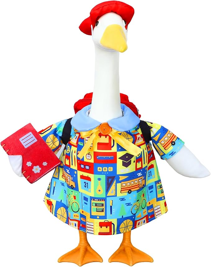 Back to School Porch Goose Outfit with Schoolbag for 23" Porch Goose Statue | Porch Goose Back to School Outfit with Notebook, Classroom Goose for First Day of School, Outdoor, Garden, Yard, Patio Decor