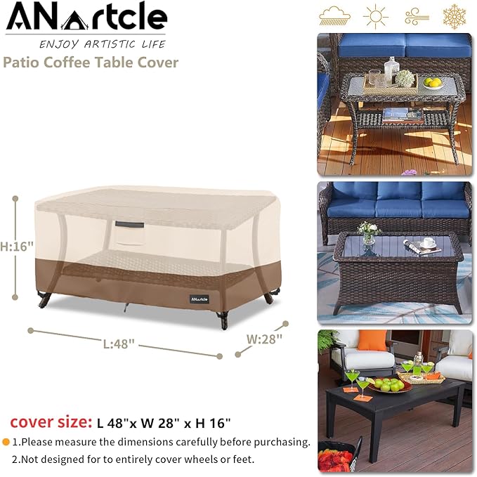 ANartcle Patio Coffee Table Cover, 600D Waterproof Heavy Duty Rectangular Outdoor Table Cover,Patio Furniture Covers,48 x 28 x 16 inch,Beige&Brown.