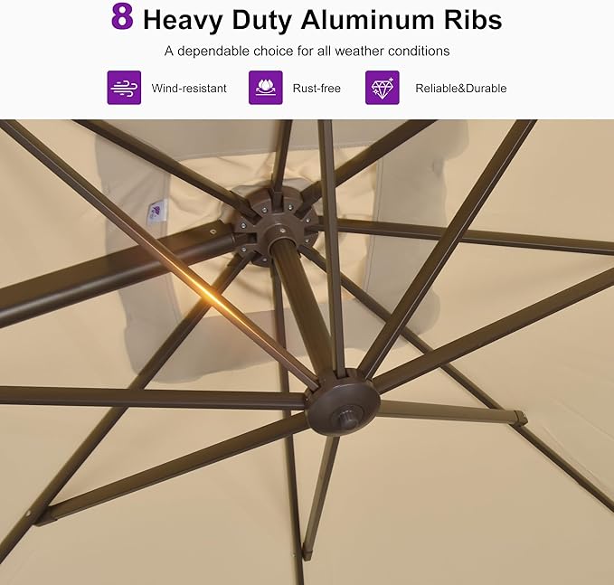 PURPLE LEAF 9' X 11.5' Rectangle Cantilever Umbrella Patio Umbrella Outdoor Aluminum Offset Antique Bronze Hanging Umbrella with 360-degree Rotation for Pool Garden Backyard Deck, Beige