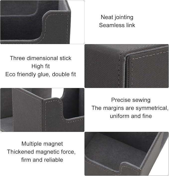 Magnetic Flap Lid Card Deck Box, Large Capacity PU Leather Card Storage Case for Tarot and Game Cards with Felt Lining, Holds 100 Standard Cards for Home or Travel Use (Gray)
