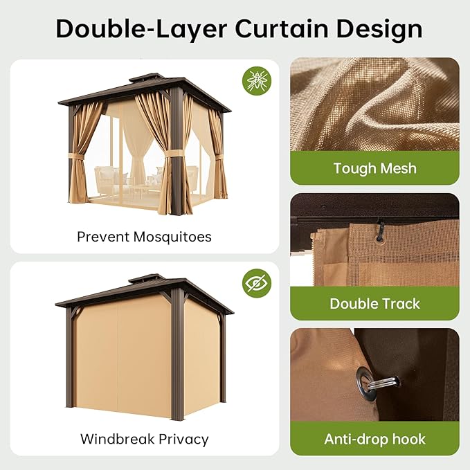 10x10FT Hardtop Gazebo, Metal Frame with Double Galvanized Steel Roof, Permanent Outdoor Pergola with Curtains and Netting Included for Backyard, Patio, Lawn and Garden, Brown