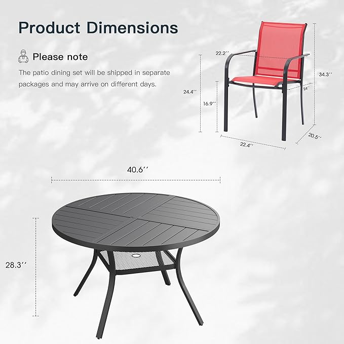 VICLLAX 5 Pieces Patio Outdoor Dining Set, 40.6" Round Metal Table with Umbrella Hole and Storage Shelf, 4 Stackable Textilene Chairs for Patio, Lawn, Garden, Porch, Black/Red