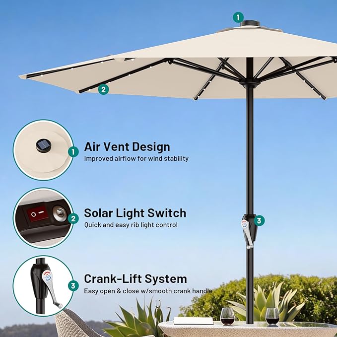 AreShark 12FT Large Patio Umbrella with Solar Lights, Solar Powered Outdoor Umbrella with Crank, Patio Table Market Umbrellas for Garden, Deck, Backyard, Pool and Beach, Cream-White
