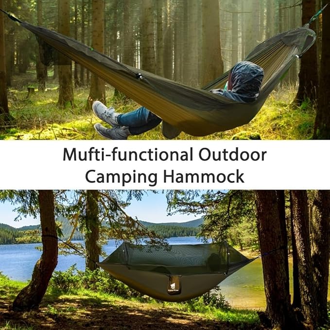 Outdoor Camping Hammock with Mosquito Net and Sun Canopy, Double Person Anti-Flip Design, Nylon Fabric, Portable with Detachable Rain Fly (C)