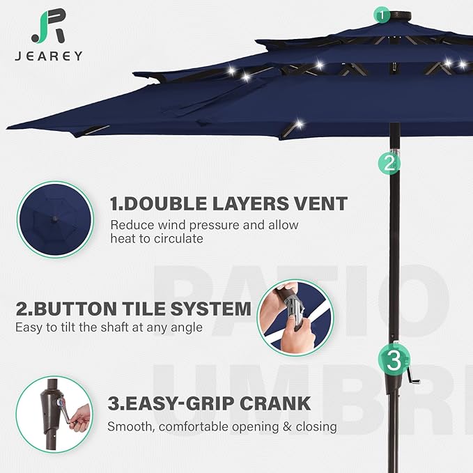 JEAREY 3 Tiers Patio Umbrella with Solar Lights 9ft Outdoor Market Table Umbrellas with Push Button Tilt for Outside Pool Garden, Navy Blue