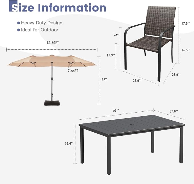 VICLLAX 8 Pieces Patio Dining Set with Wheat Umbrella, 6 Stakable Wicker Outdoor Chairs and Metal Patio Table with Umbrella Hole for Backyard Lawn Deck, Black Tabletop