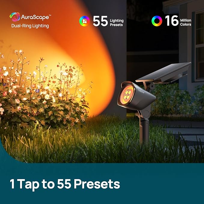 Linkind Smart Solar Lights Outdoor Waterproof SL6C, Dual-Ring Solar & USB Charging Solar Spotlights Outdoor Waterproof IP66, Color Changing Spot Light for Yard, Tree, Landscape, House, 4 Pack