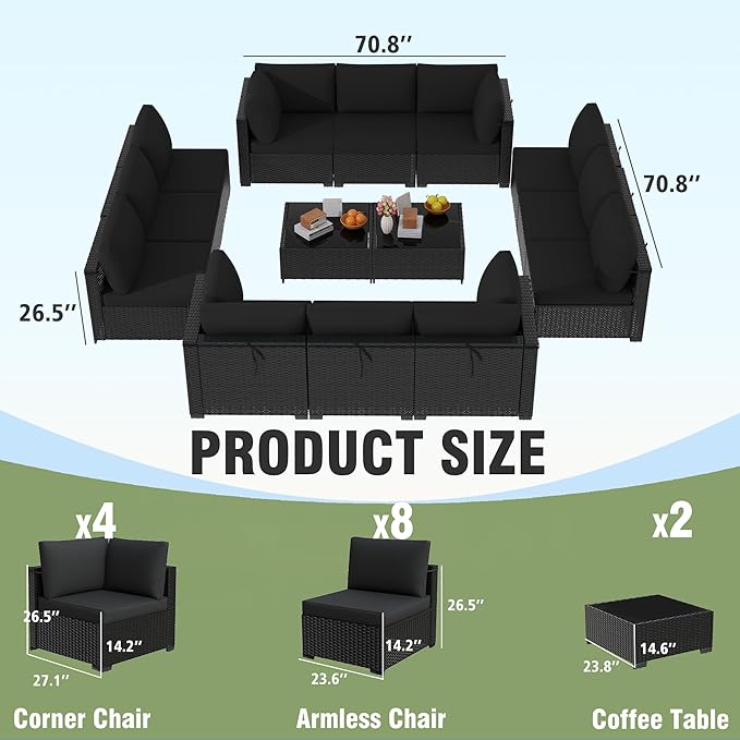 KIGOTY Patio Furniture Set,14 Pieces Modular Outdoor Sectional Sofa, PE Rattan Patio Conversation Set, All Weather Wicker Patio Furniture with Cushions and Coffee Table（Black/Black）