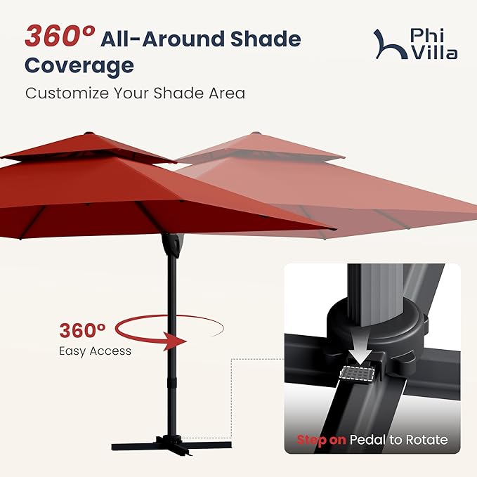 PHI VILLA 9' X 12' Cantilever Patio Umbrella with Base, Outdoor Large Rectangular Umbrellas with 360°Rotation, Heavy Duty Hydraulic Double Umbrella Windproof for Outside, Red