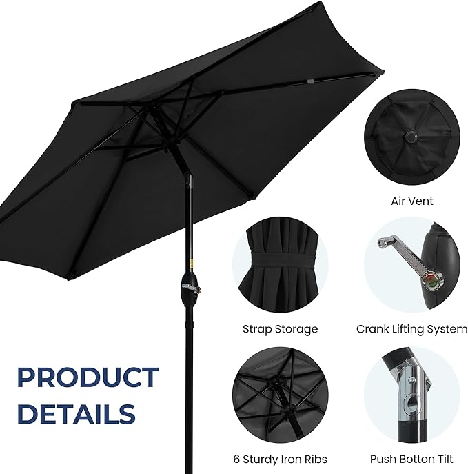 Wisteria Lane Outdoor Patio Umbrella, 7.5' Patio Umbrella, Market Umbrella, Large Outdoor Umbrella, Metal Pole Umbrella with Push Button Tilt and Crank, Polyester Canopy