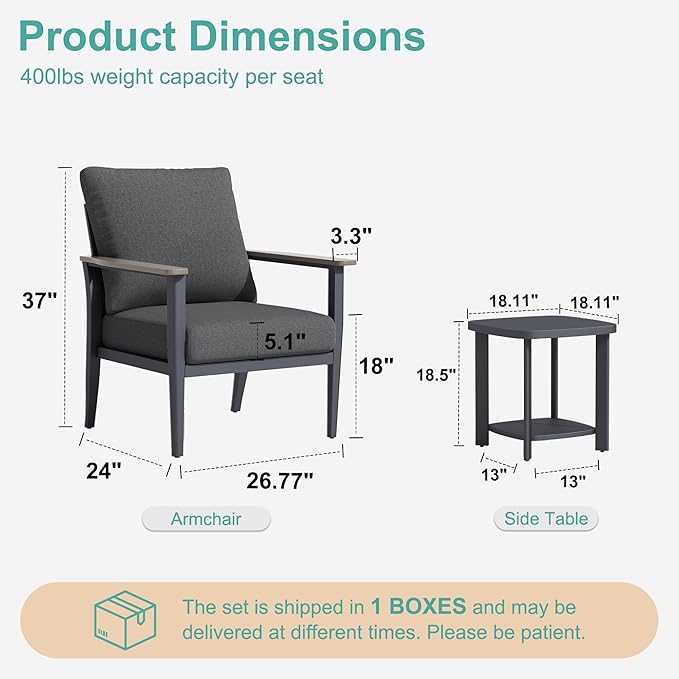 3-Piece Aluminum Patio Rocking Swivel Chair Outdoor Bistro Set, Patio Conversation Set Outdoor Patio Furniture Set with High Backrest & Thickened Cushions for Garden, Deck and Balcony, Dark Grey