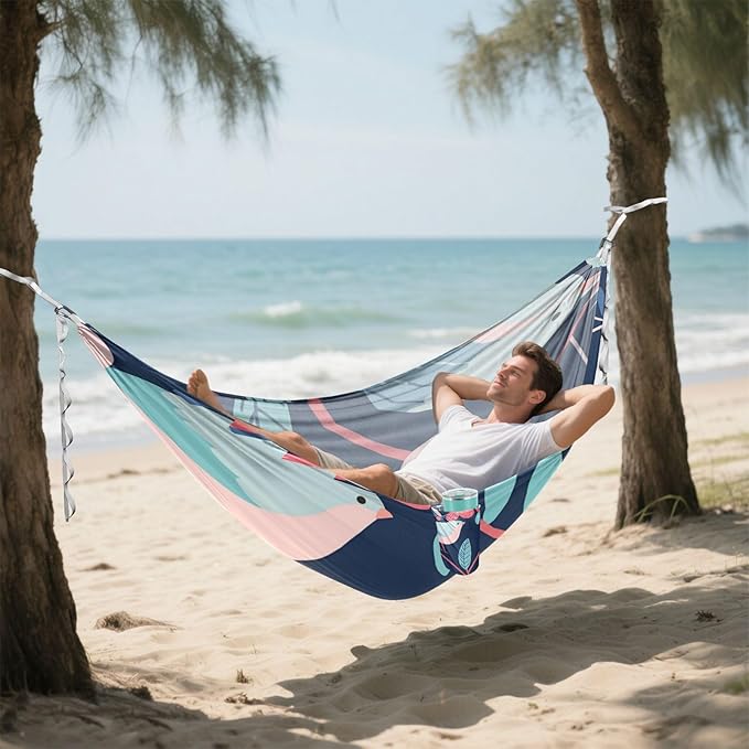 Cartoon Teal Pink Flowers Birds 330lb Capacity Camping Hammock with Portabl Carry Bag Fabric Hammock for Outside Beach Patio Garden capas para la Lluvia