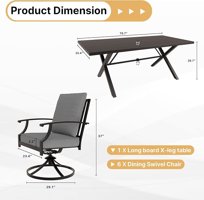 Gotland 7 Piece Outdoor Dining Set, Metal Outdoor Table and Swivel Chairs with X-Shaped Legs 1.5" Umbrella Hole, Patio Furniture Set with Waterproof Cushions, Patio Dining Sets for Backyard Deck Gray