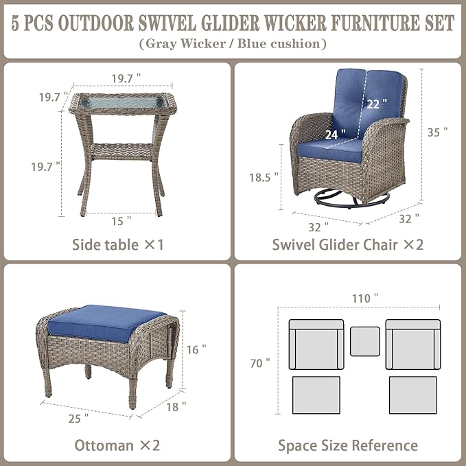 Belord 5 Piece Swivel Rocker Glider Outdoor Chairs Set of 2 with Ottoman and Glass Side Table Patio Bistro Furniture Set, Comfort High Back Wicker Patio Conversation Set for Deck Porch Sunroom