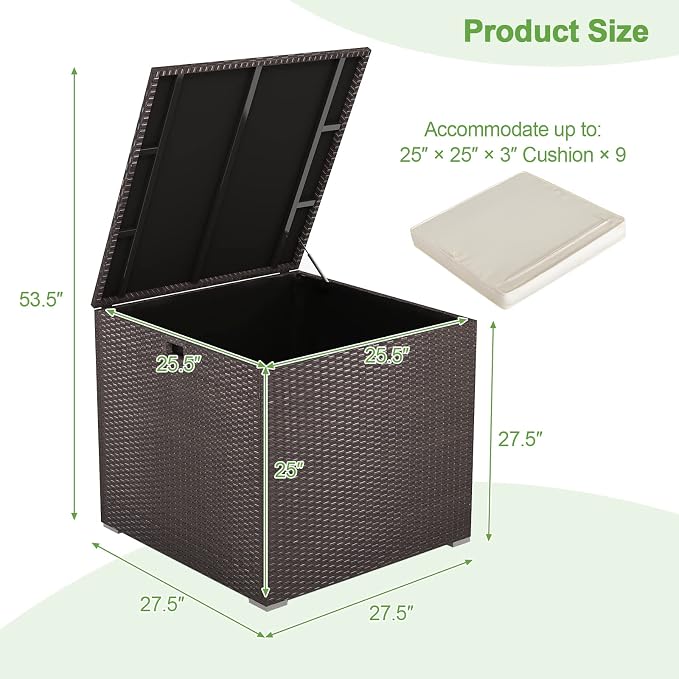 Outdoor Storage Box, 72 Gallon Deck Box Wicker Storage Box with Water-resistant Liner, Built-in Handle & Aluminum Feet, Outside Storage Container for Pillows, Cushions, Garden Tools