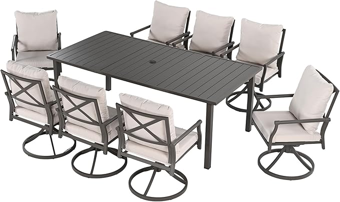 HAPPATIO Patio Dining Set, Metal Outdoor Table and Chairs Set for 8, Powder-Coated Swivel Rocking Chairs with Thick Cushions, 80" Rectangular Table with 1.9" Umbrella Hole for Deck Backyard Lawn