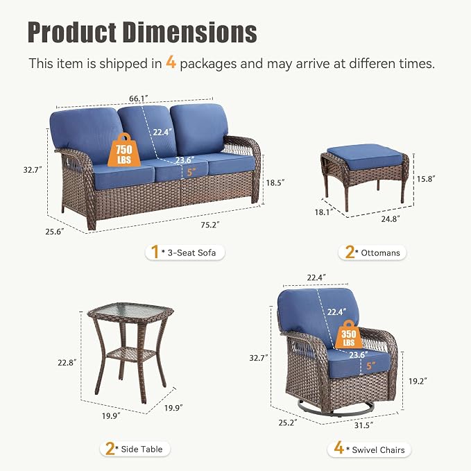9 Pieces Patio Furniture Set Swivel Chairs, Rattan 3 Seater Sofa with Ottomans Wicker Side Table High Back Outdoor Seating Furniture Conversation Sets for Sunroom Porch Backyard, Blue