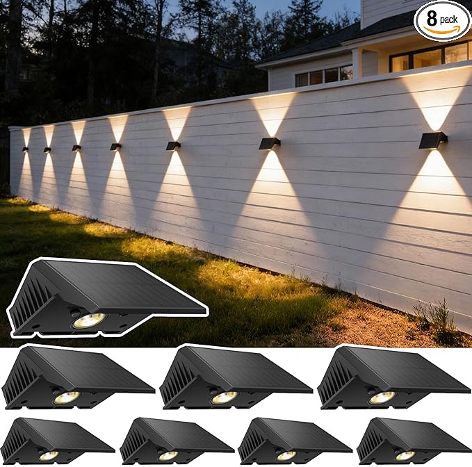 Solar Fence Lights Outdoor, 8 Pack Warm White Up and Down Solar Wall Lights, IP67 Waterproof LED Dusk to Dawn Solar Powered Fence Lights for Patio, Backyard, Deck, Garden, Yard, Outdoor Wall Decor