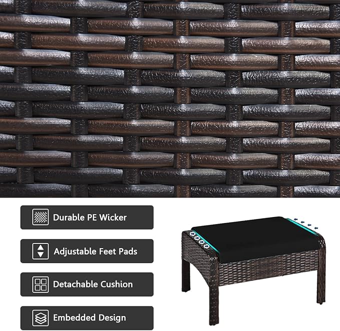 HAPPYGRILL 5 Pieces Patio Furniture Set Outdoor Rattan Wicker Conversation Set with Coffee Table Cushioned Sofas and Ottoman Chat Set for Garden Backyard