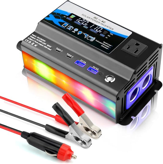12V/24V Car Power Inverter Converter, Dual Type C Dual USB Dual Cigar Lighter Ambient Light LCD Display Adapter with Wide Compatibility, Suitable for Cars and Trucks (Black, 600W)