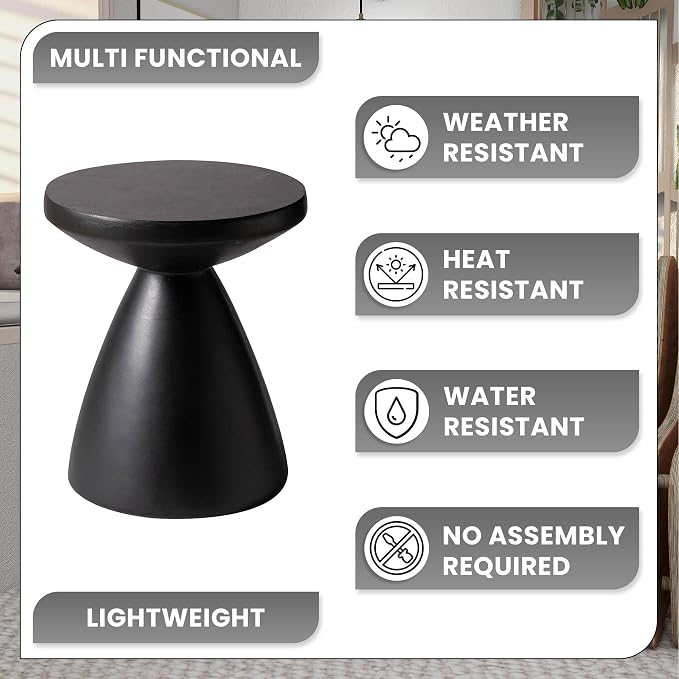 LeisureMod Modern Side Table Lightweight Fiberstone Top 20" Round Accent Table and Hourglass Pedestal Base for Outdoor or Indoor Dune Series in Black