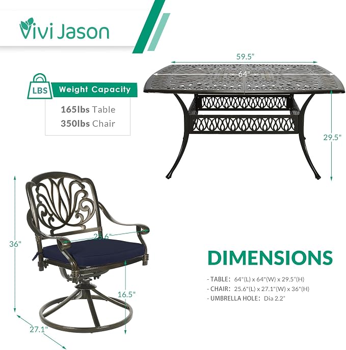 VIVIJASON 9-Piece Outdoor Furniture Dining Set for 8, All-Weather Cast Aluminum Patio Table and Chairs Set with 8 Swivel Rocker Chairs, 64" Large Square Dining Table with 2.2" Umbrella Hole, Navy Blue