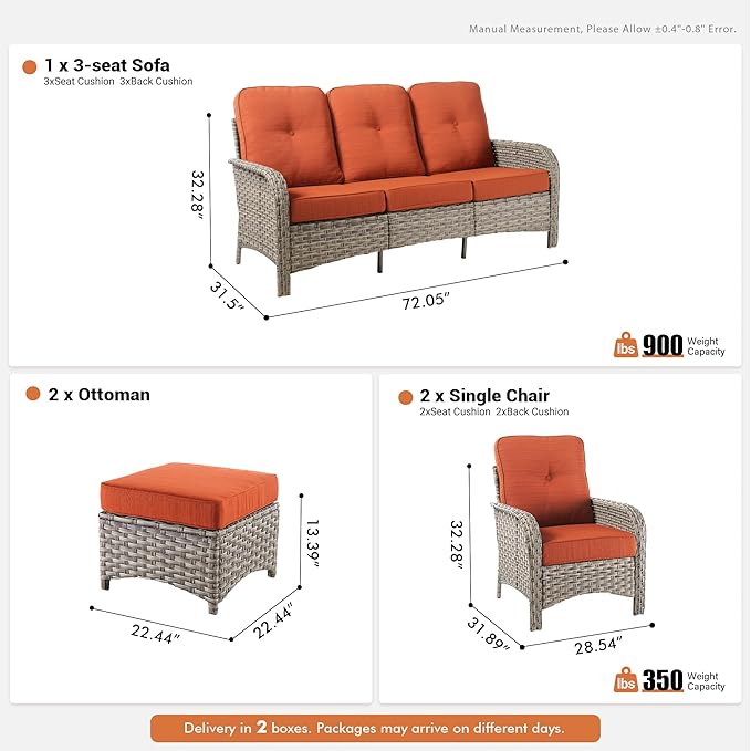 5-Piece Outdoor Patio Furniture Set,All Weather Wicker Rattan Patio Seating Sofa and Chair Set with Ottomans,Outdoor Conversation Sets with 3 Seater Couch for Porch Deck Yard,Red