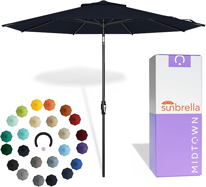 Midtown Umbrellas – The Swilt 8 Ft Patio Umbrella with 360° Swivel & Tilt Mechanism, Sunbrella Fabric & 8 Fiberglass Ribs – Outdoor Umbrella for Deck, Pool & Cafes – Canvas Navy Canopy, Black Pole