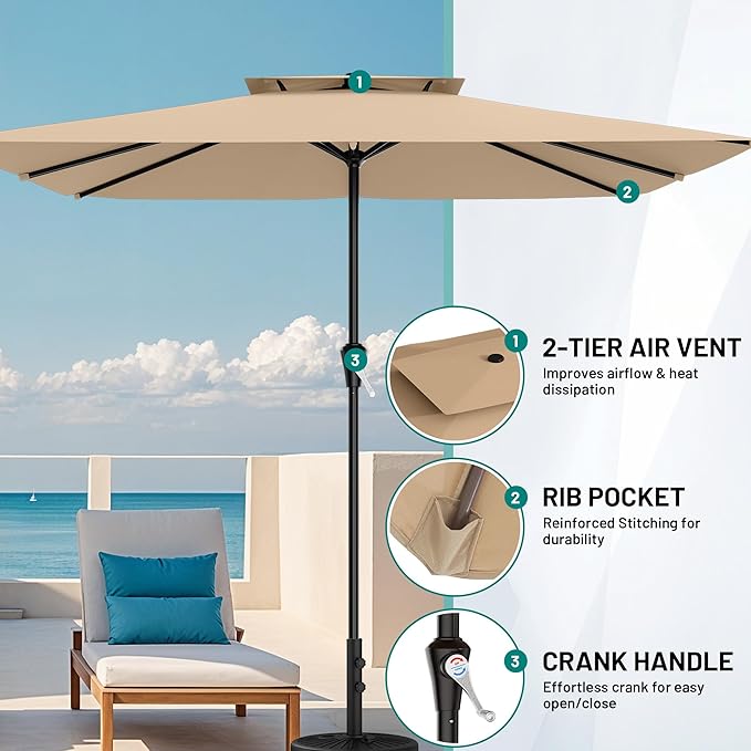 AreShark 8'x10' 2 Tiers Rectangular Patio Umbrella - Outdoor Umbrella Waterproof UV Protection, Market Table Umbrella w/Crank for Pool, Backyard, Deck(Beige)