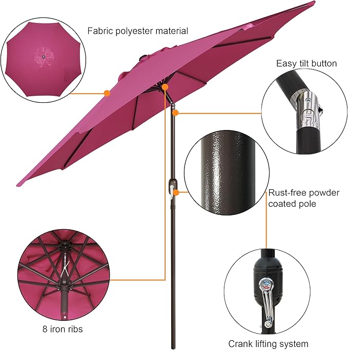 Blissun 9' Outdoor Patio Umbrella, Outdoor Table Umbrella, Yard Umbrella, Market Umbrella with 8 Sturdy Ribs, Push Button Tilt and Crank