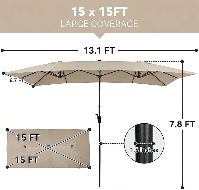 15×15ft Outdoor Patio Umbrella, Double Sided Market Rectangle Umbrella with Crank Handle, Large Sun Shade for Outside Deck, Backyard, Garden