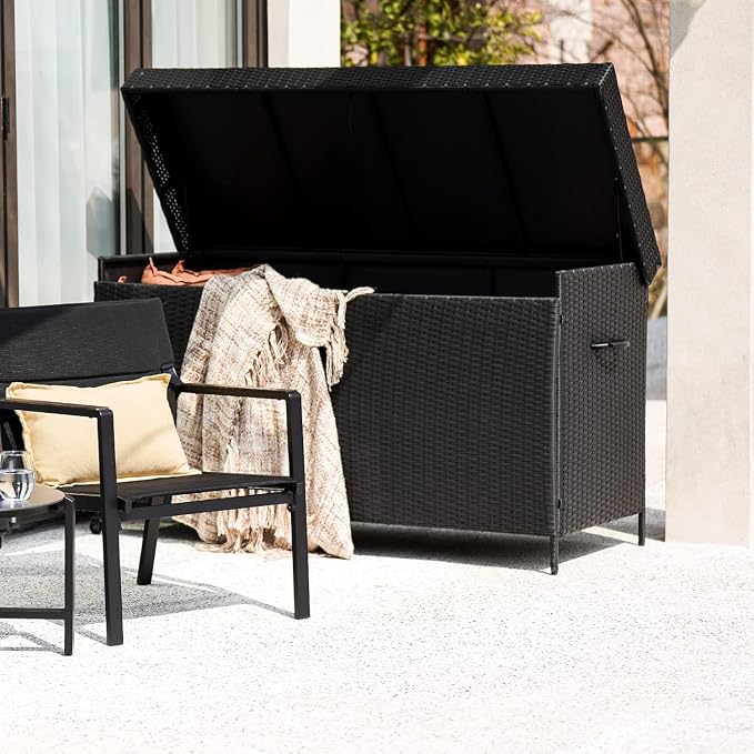 Grand patio 170 Gallon Deck Storage Box Deck Box Outdoor Storage Box Indoor Wicker Storage Bin Patio Storage Box for Patio Furniture Cushions Garden Tools Pool Accessories, Black