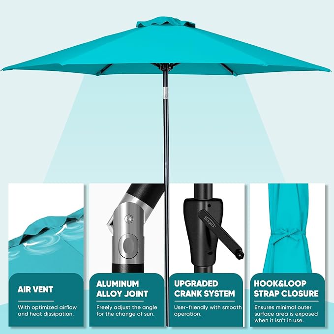 Tempera Patio Market Outdoor Table Umbrella with Push Button Tilt and Crank, Large Sun Umbrella with Sturdy Pole & Fade Resistant Canopy, Easy to Set