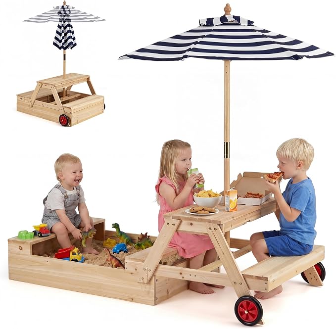 HONEY JOY Kids Picnic Table with Sandbox, Fir Wood Toddler Outdoor Table & Chair Set w/Wheels, Removable Umbrella & Sensory Bin, Children Convertible Outdoor Furniture for Backyard Patio Garden (Blue)