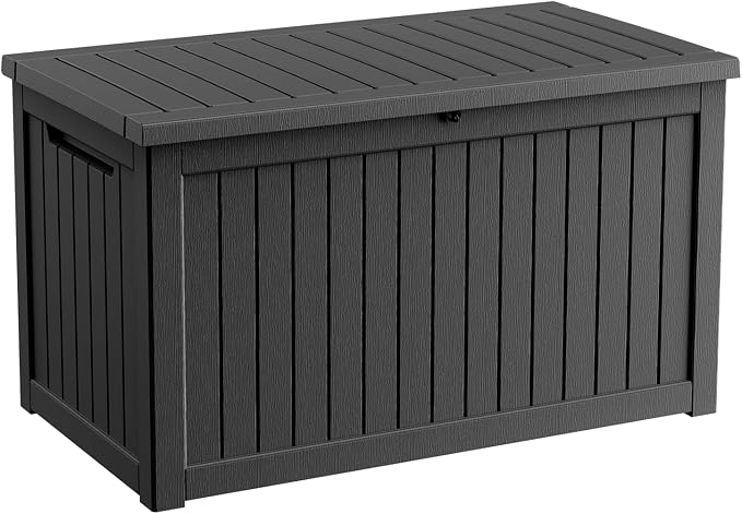 260 Gallon Outdoor Deck Storage Box, Heavy Duty All Weather Vertical Wood Grain Lockable Storage Container for Backyard, Poolside & Large Patio Outdoor Supplies (Black,260GAL)