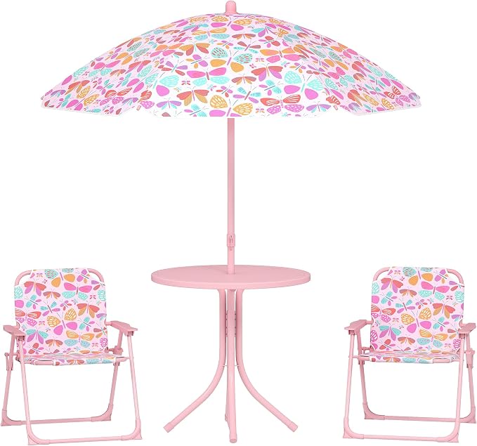 Qaba Kids Picnic Table and Chair Set, Outdoor Activity Table with Foldable Chairs, Removable Umbrella, Butterfly Pattern Toddler Patio Furniture for Backyard, Garden, Pink