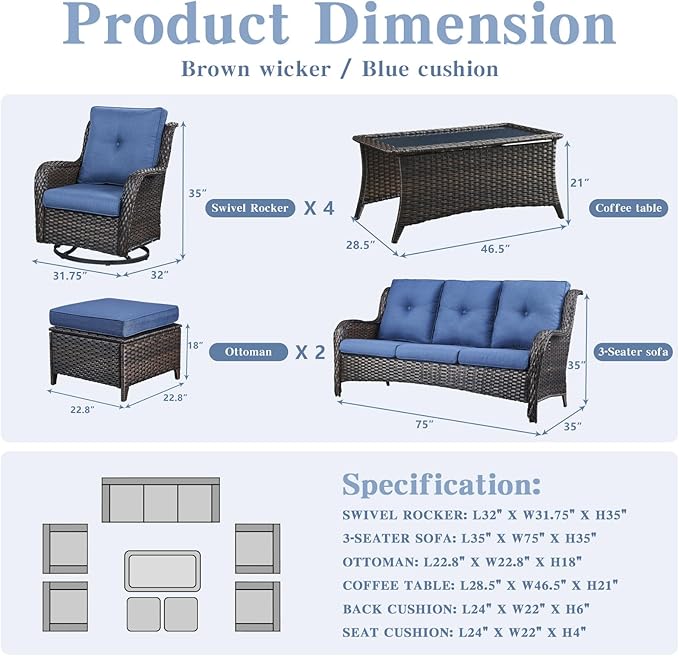 Belord Wicker Patio Furniture Sets - 8 Piece Rattan Outdoor Furniture Conversation Sets with 4 Swivel Rocker Chairs, Rattan Sofa, Wicker Ottomans and Coffee Table, Brown/Blue