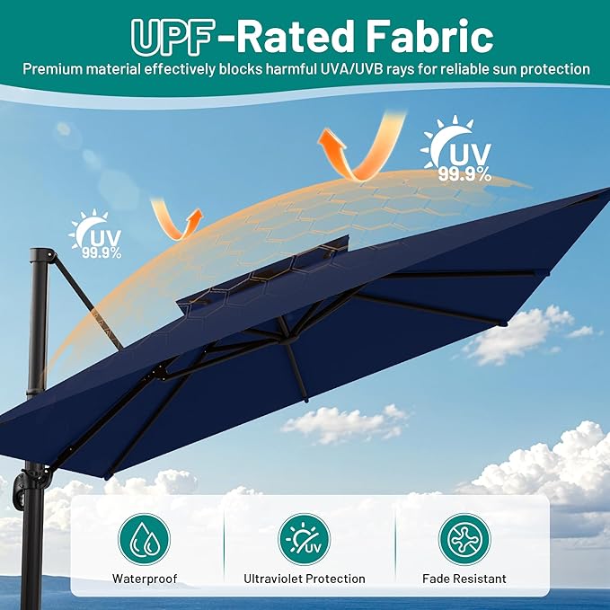 AreShark 9×9FT Double-Top Cantilever Patio Umbrella with Base Included, Square Offset Umbrella with 360 Degree Rotation, Heavy Duty Patio Umbrella for Garden Deck Pool, 5 Tilt Angles, Navy