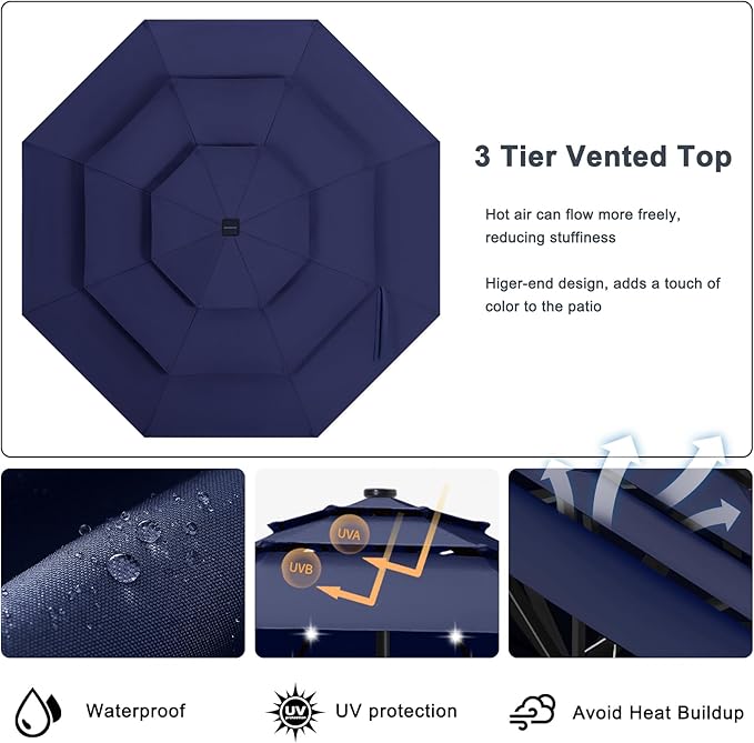 ABCCANOPY 10FT Solar Led Patio Umbrella 3-Tiers(Navy Blue)