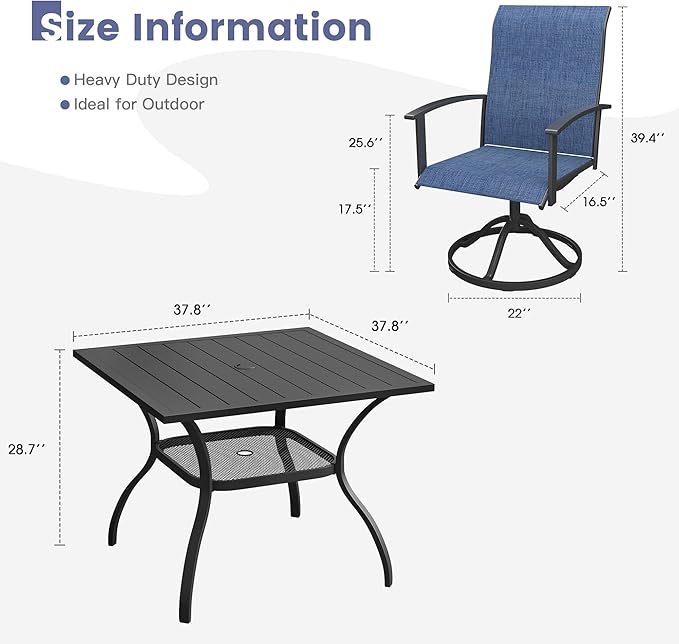 VICLLAX Outdoor Table and Chairs Set for 4, Patio Dining Set of 37.8" Metal Square Patio Table with Umbrella Hole & 4 Swivel Outdoor Dining Chairs for Backyard Lawn, Dark Blue & Black