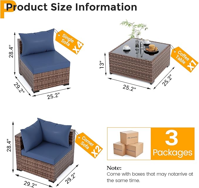 UDPATIO Patio Furniture Set Modular Outdoor Sectional 7 Piece Wicker Patio Set, Multiple Combinations Sectional Sofa w/Coffee Table, Navy Blue