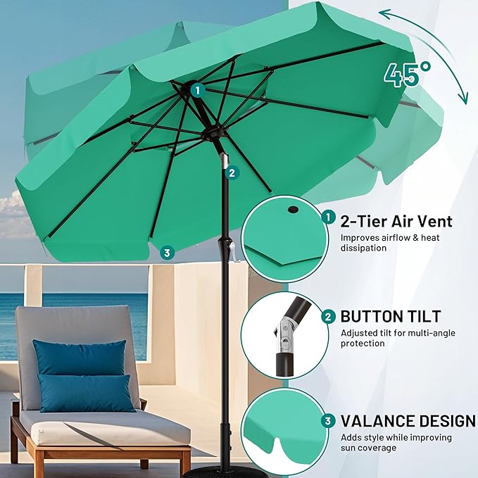 AreShark 9ft 2-Tier Patio Umbrella with Valance - Outdoor Umbrella Waterproof UV Protection, Market Table Umbrella w/Push Button Tilt&Crank for Pool, Porch, Garden(Turquoise)